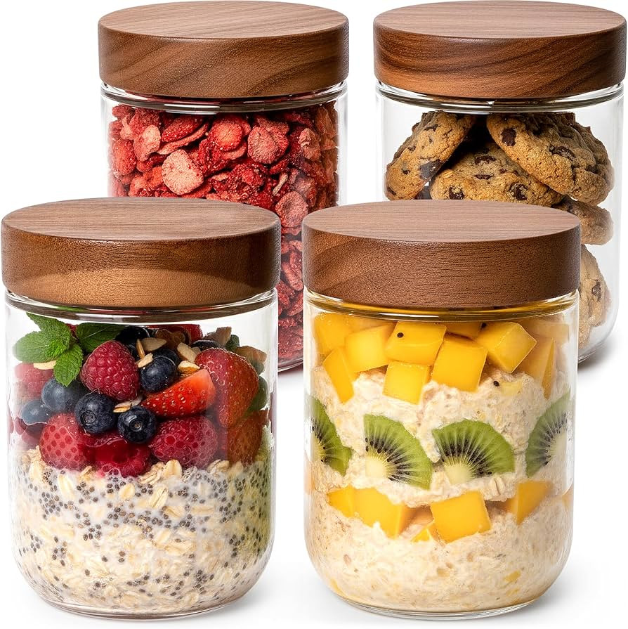 Overnight Oats Containers with Lids Acacia (4 x 16oz) Glass Jars for Oatmeal, Meal Prep, Food Sto... | Amazon (US)