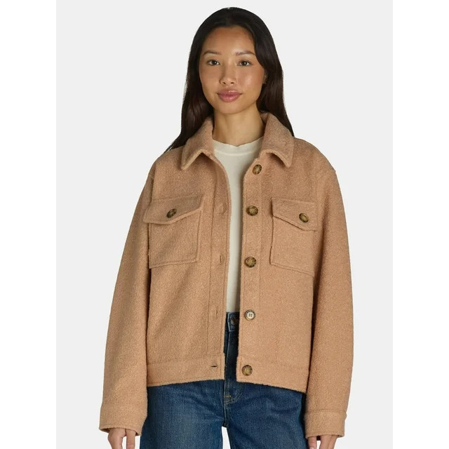 Time and Tru Women's Cropped Boucle Button Down Shacket, Sizes XS–XXXL | Walmart (US)