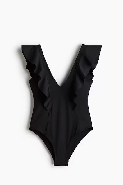 H & M - Badeanzug mit wattierten Cups und Volants - Schwarz - Damen | H&M (DE, AT, CH, NL, FI)