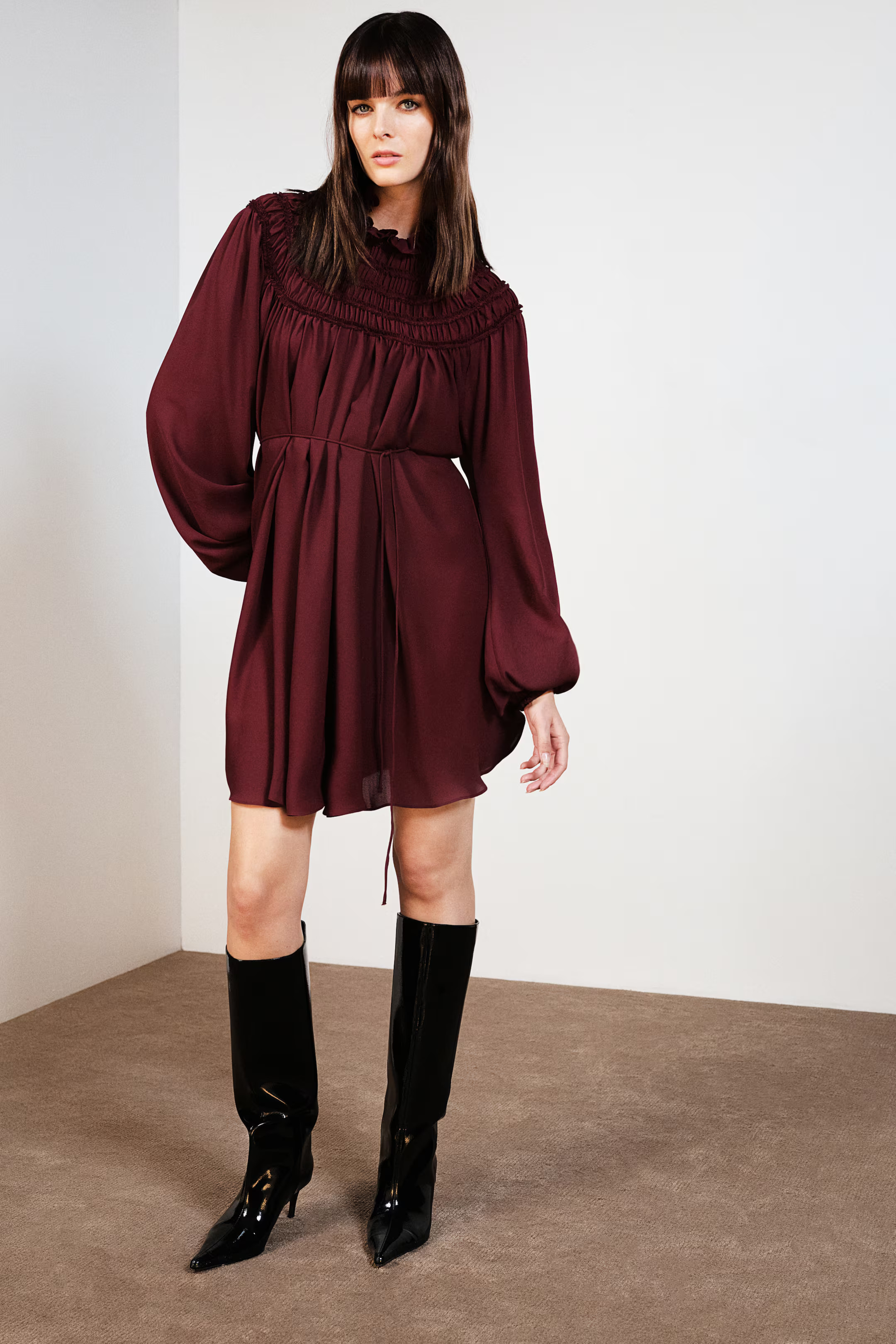 Smocked-Detail Dress - Burgundy - Ladies | H&M US | H&M (US + CA)
