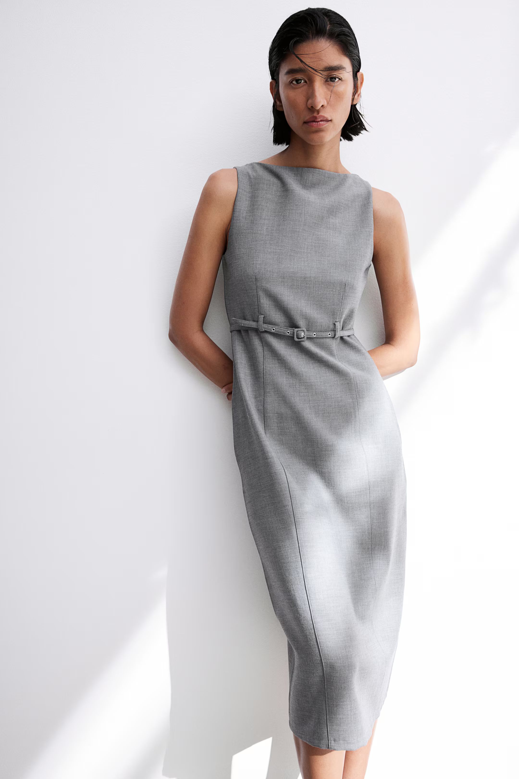 Belted Boat-Neck Dress - Boat Neck - Sleeveless - Gray melange - Ladies | H&M US | H&M (US + CA)