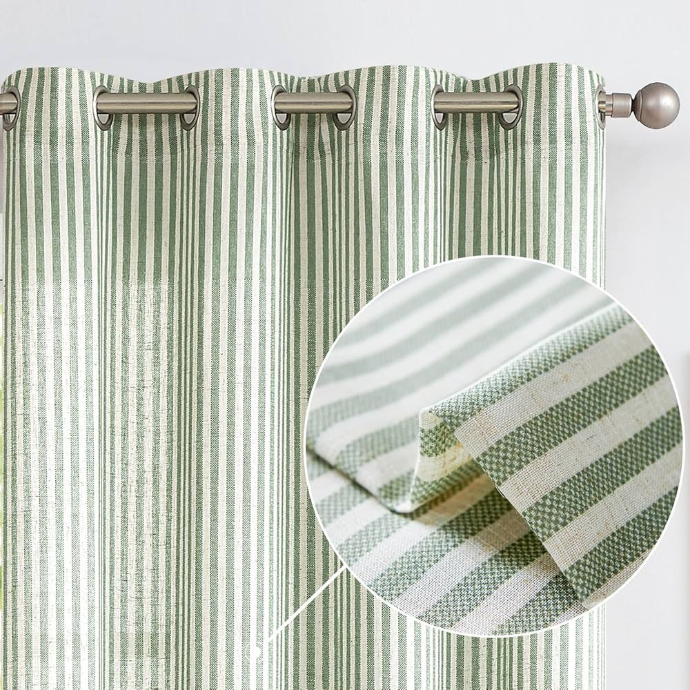 Vangao Linen Blend Stripe Curtains Tickingstripe Light Filtering Window Curtains Green Pinstripe ... | Amazon (US)