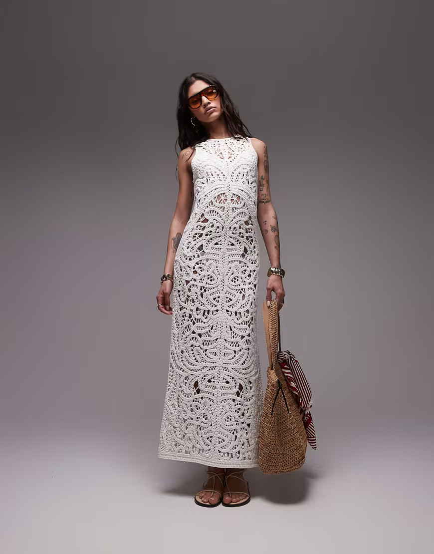 Topshop knitted premium crochet maxi dress in ivory-White | ASOS (Global)