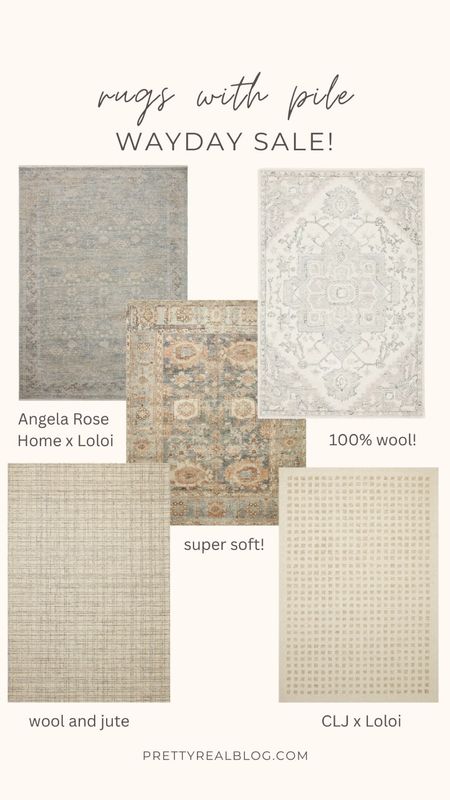 Beautiful rugs with pile on sale for the way day sale! Some are natural fiber rugs and handmade rugs too! Vintage inspired rugs neutral rugs, plaid rug, geometric rug, Persian rug, Angela rose x loloi rug, Chris loves Julia x loloi rug, blue and cream rug, ivory and gray rug, tan and blue rug, tan and ivory rug, muted rug 

#LTKhome #LTKsalealert