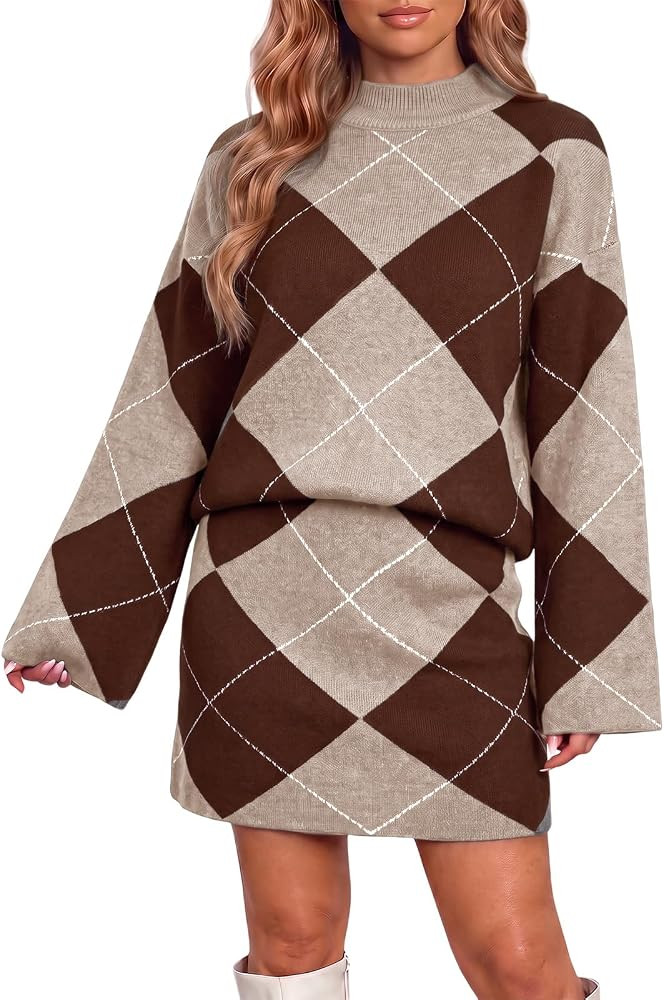 Wenrine Womens 2 Piece Outfits Argyle Casual Loose Fall Sweater Skirt Sets | Amazon (US)