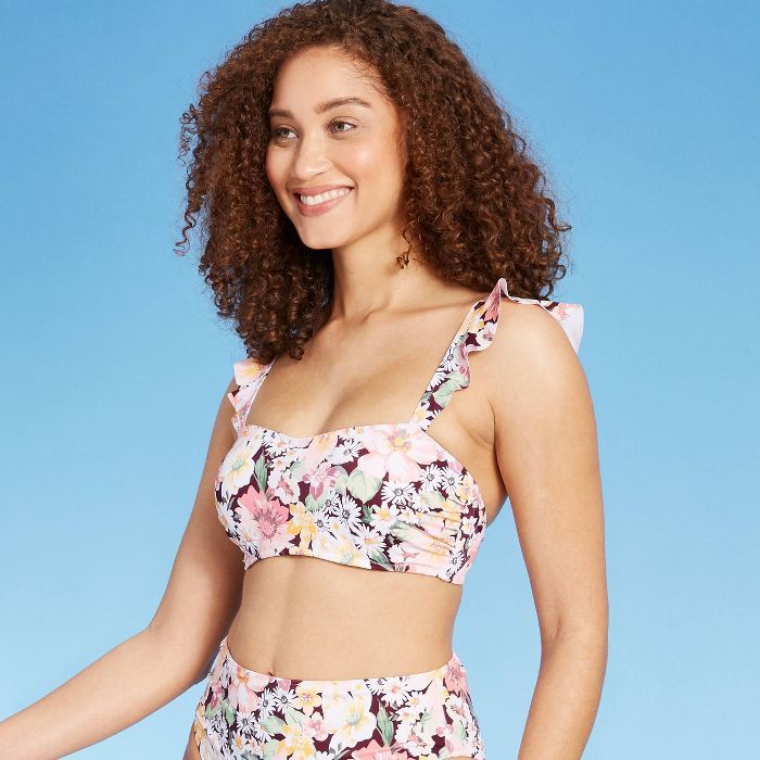 Women's Ruffle Strap Bralette Bikini Top - Shade & Shore™ Cinnamon Floral | Target