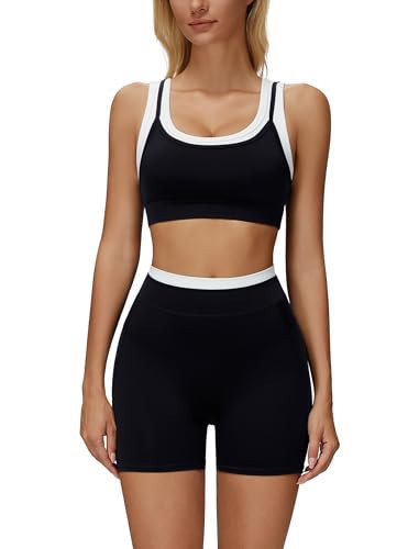 ABOCIW Workout Sets for Women Color Block Layered Square Neck Sports Bra Matching Tummy Control High Wait Biker Shorts 2 Piece Gym Sets Yoga Pilates Outfits Activewear Black X-Large | Amazon (US)