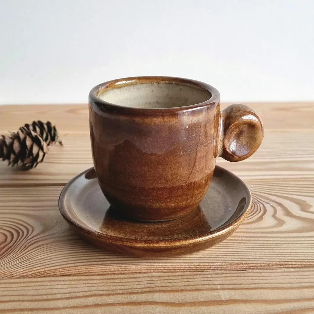 Handmade Rustic Espresso Cup and Saucer Set, Small Coffee Cup, Brown Stoneware Pottery, Ceramic E... | Etsy (US)