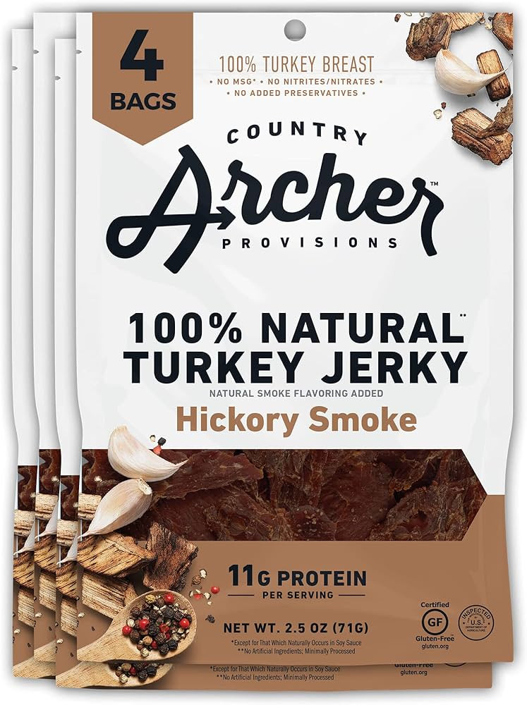 Hickory Smoke Turkey Jerky by Country Archer, 100% Natural, Gluten Free, Protein Snacks, 2.5 Ounc... | Amazon (US)