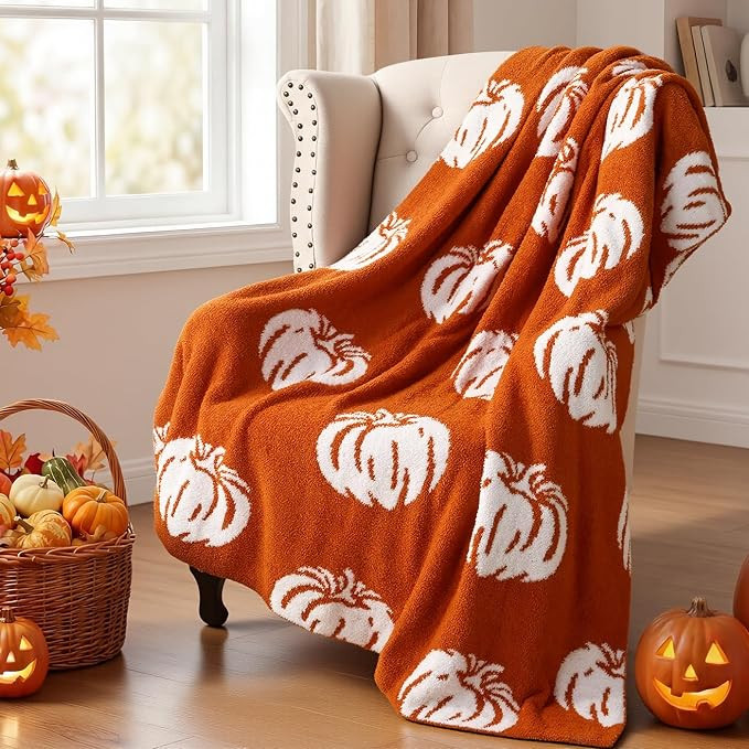 Fall Throw Blanket, Burnt Orange Pumpkin Soft Fuzzy Halloween Blanket for Couch, Cozy Lightweight... | Amazon (US)