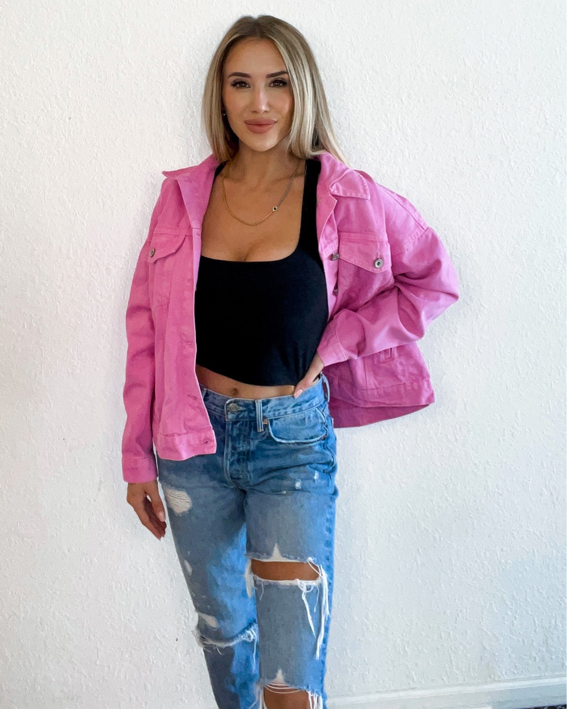 The cutest pink oversized denim Jean jacket for fall! Only $20!!!!! Barbiecore style bubblegum pink paired with a beyond yoga tank and Grlfrnd denim jeans

#LTKunder50 #LTKstyletip #LTKunder100