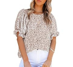 Dokotoo Floral Print Blouses for Women Crewneck Smocked Puff Sleeve Shirts Casual Babydoll Tops | Amazon (US)