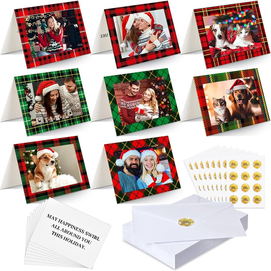 96 Set Christmas Photo Frame Greeting Cards with Envelopes and Stickers Small Plaid Pattern Chris... | Amazon (US)