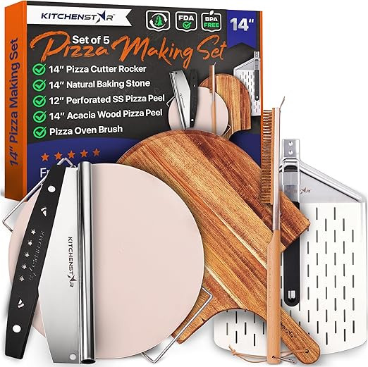 14" Pizza Making Kit (Set of 5) - Cordierite Pizza Stone with SS Rack, Stainless Steel Pizza Peel... | Amazon (US)