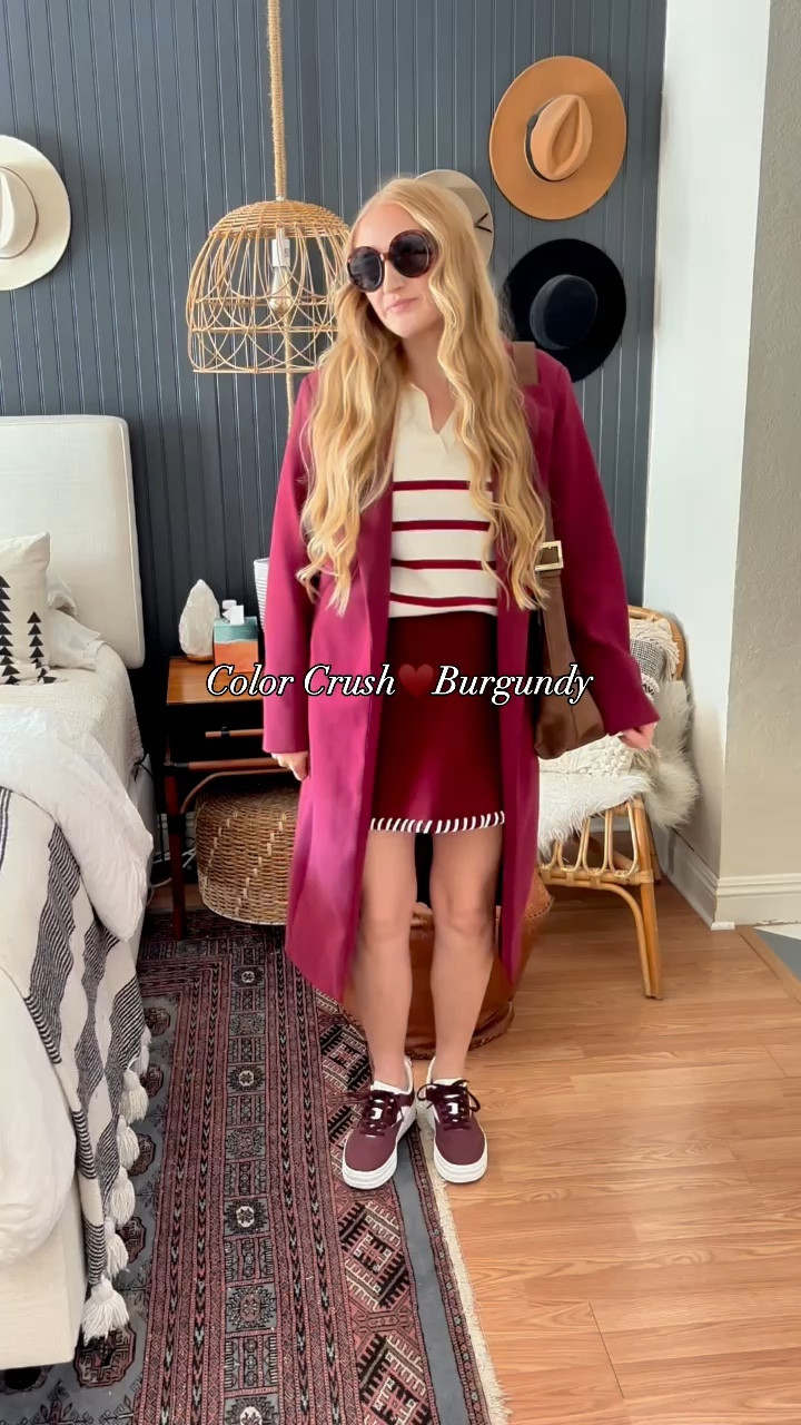 Color crush burgundy outfit today ♥️ The prettiest coat for fall and winter in this gorgeous burgundy color! Paired with a super soft striped sweater and sneakers. 

Wearing L in all items at 150 lbs and 5’7.” Skirt is Commense.

Burgundy outfit, burgundy coat, trending colors, fall outfit, fall looks, fall style, cozy coats, fall coats, fall looks, fall style inspo, elevated casual, Amazon fashion, fall coat roundup, fall coat haul 

#LTKStyleTip #LTKFindsUnder50 #LTKSeasonal