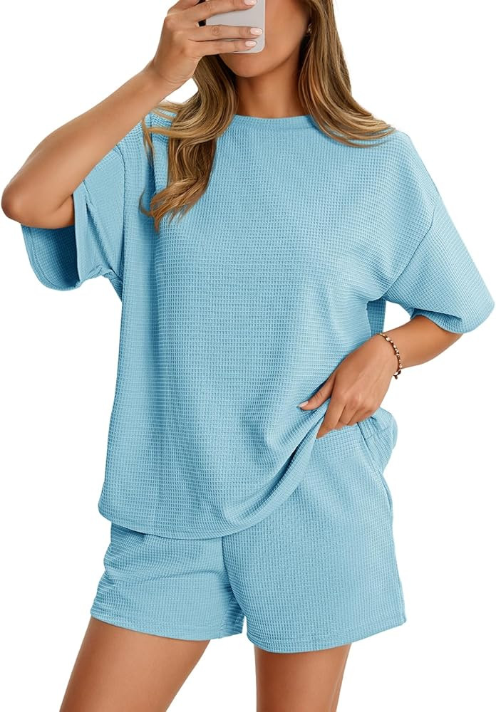 Aoysky Womens Waffle Knit 2 Piece Outfits Casual Short Sleeve Shirts and Shorts Sets Loose Fit Su... | Amazon (US)