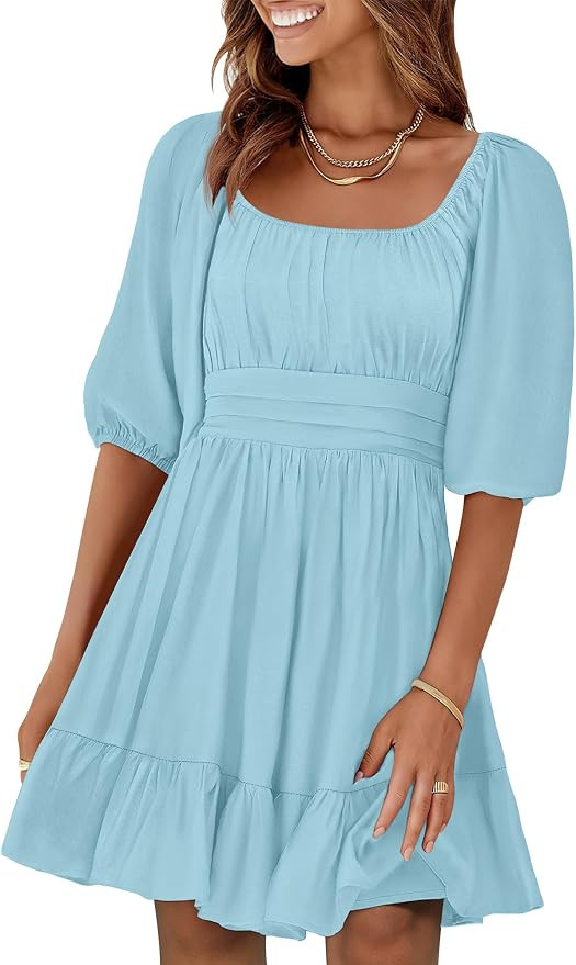 ANRABESS Womens Lantern Short Sleeve Square Neck Casual Flowy Mini Dresses 2026 Holiday Summer Sp... | Amazon (US)