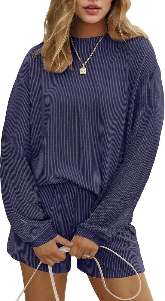 Ekouaer 2 Pieces Lounge Set for Women Long Sleeve Pajamas Top and Shorts Matching Sets Outfits wi... | Amazon (US)