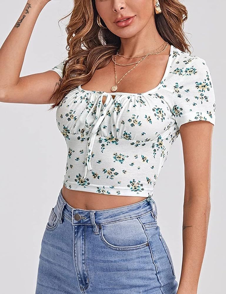 Gihuo Women's Short Sleeve Square Neck Y2K Floral Crop Top | Amazon (US)