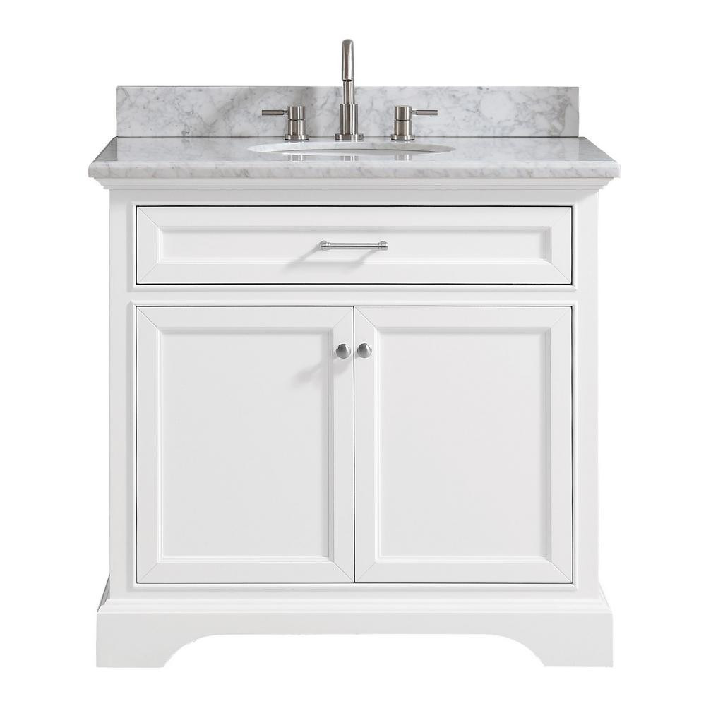 Windlowe 37 in. W x 22 in. D x 35 in. H Bath Vanity in White with Carrera Marble Vanity Top in Wh... | The Home Depot