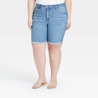 Women's Plus Size Roll Cuff Bermuda Jean Shorts - Ava & Viv™ Light Wash | Target