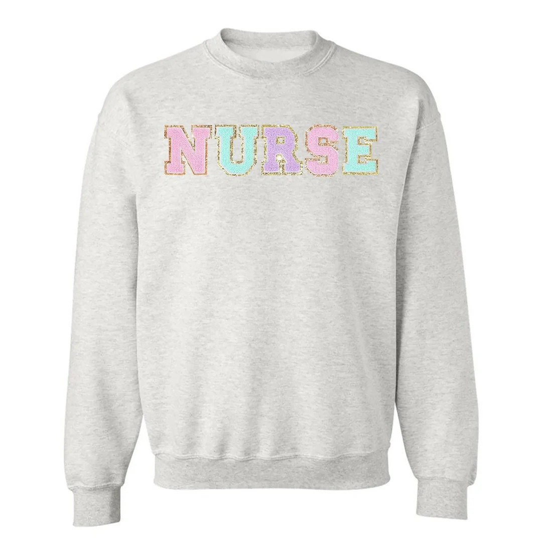 Nurse Colorful Letter Patch Crewneck Sweatshirt | United Monograms