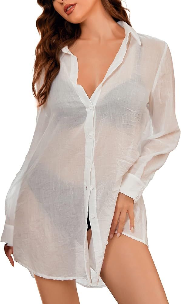 Ekouaer Sleep Shirts for Women Button Down Sleep Dress Nightgowns Sheer Long Sleeve Boyfriend Nights | Amazon (US)