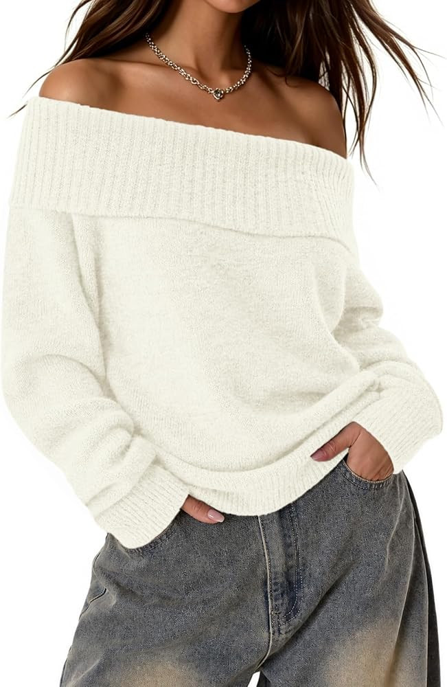 ATHMILE Off The Shoulder Sweater Women Fall Fashion Loose Going Out Tops | Amazon (US)