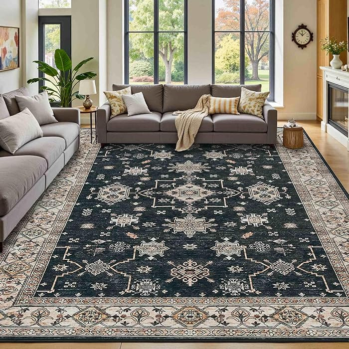 9x12 Area Rugs for Living Room Bedroom, Large Washable Rug, Black Vintage Floral Boho Rug, Non Sl... | Amazon (US)