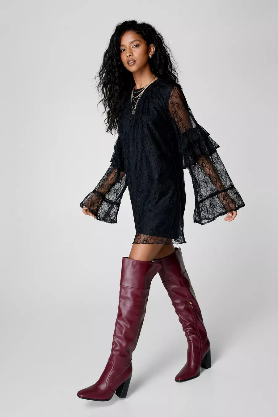 Lace Ruffle Fluted Sleeve Tunic Mini Dress | Nasty Gal US