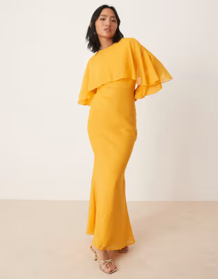 ASOS DESIGN Petite long sleeve ruffle bias maxi dress with cape detail in orange | ASOS | ASOS (Global)