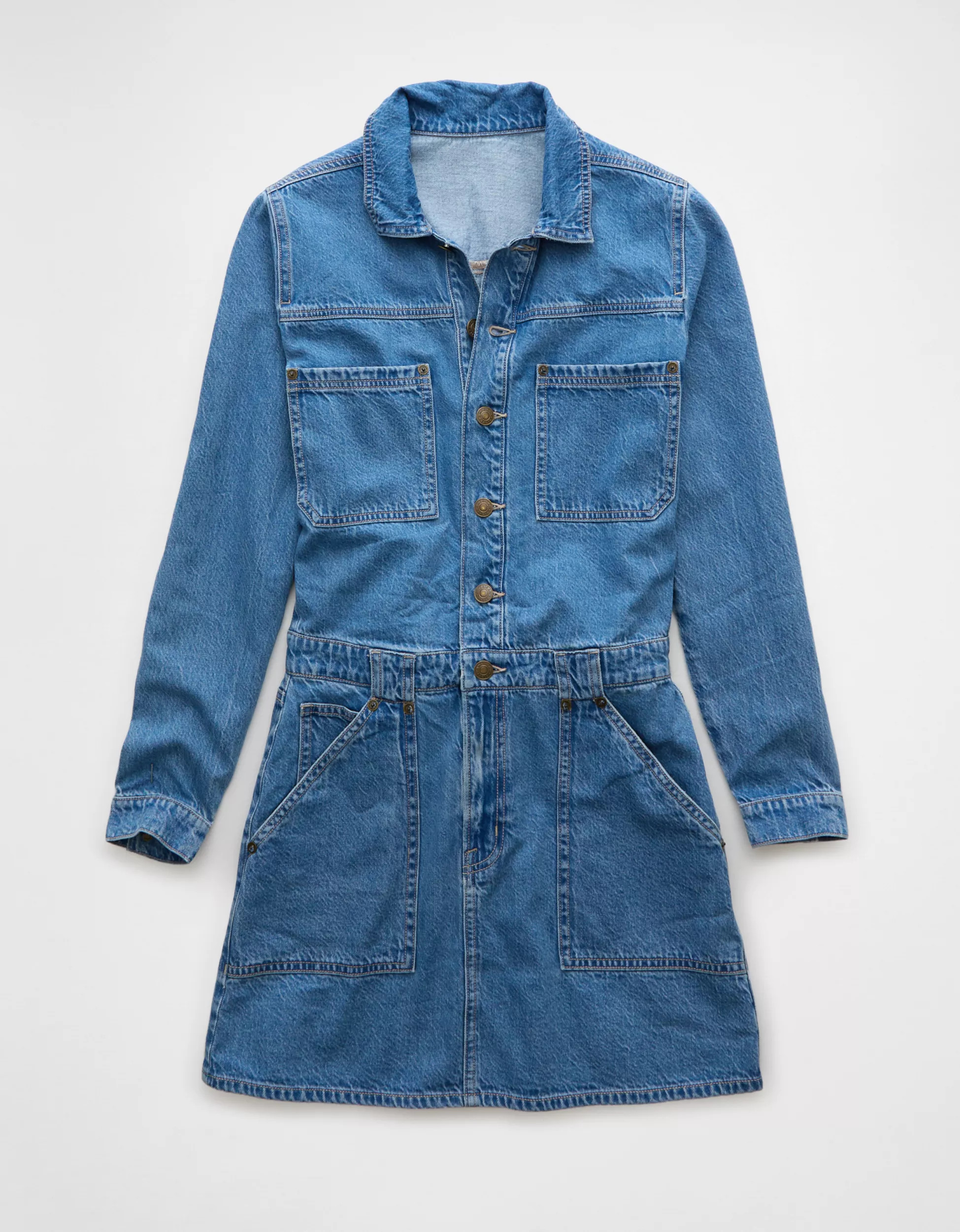 AE Long-Sleeve Denim Button-Up Mini Dress | American Eagle Outfitters (US & CA)