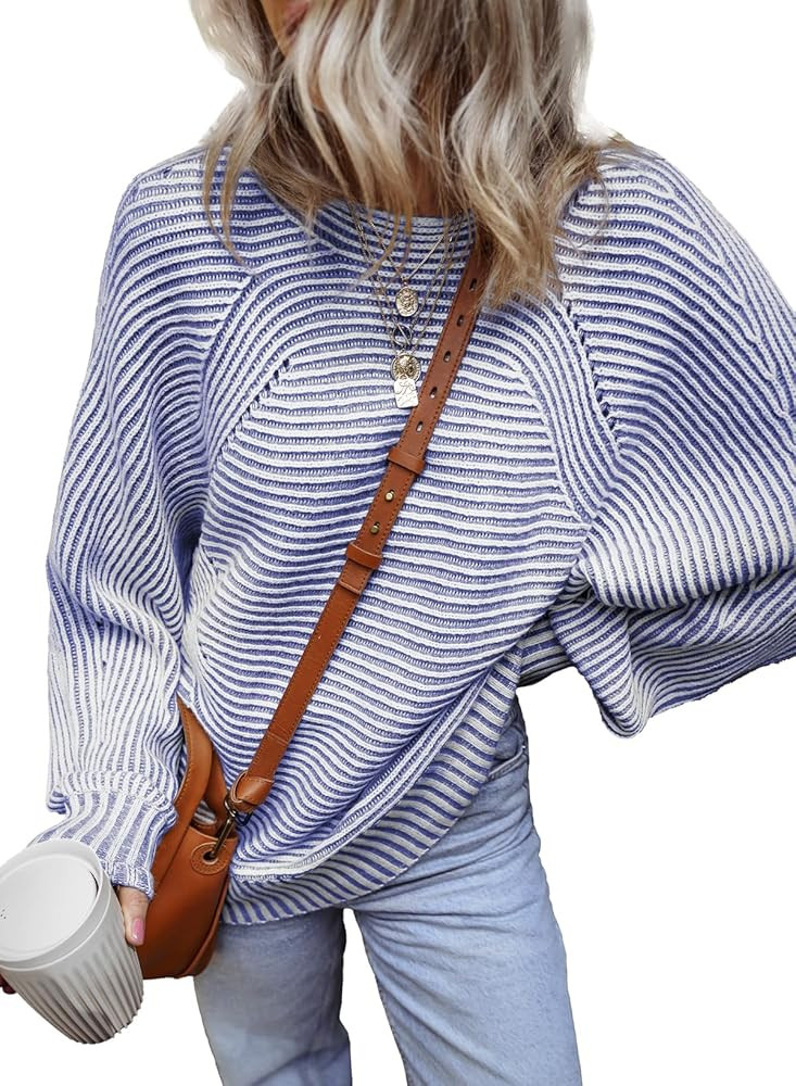 EVALESS Striped Sweaters for Women Boat Neck Batwing Sleeve Oversized Pullover Sweater Tops Women... | Amazon (US)