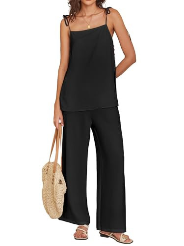 ANRABESS Womens Lounge Set 2 Piece Summer Outfits Spaghetti Strap Tank Top Wide Leg Pants Matching Sets 2026 Travel Clothing Black Medium | Amazon (US)