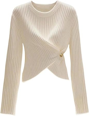 Verdusa Women's Old Money Short Sweater Wrap Slit Pullovers Fall Rib Knit Tops | Amazon (US)