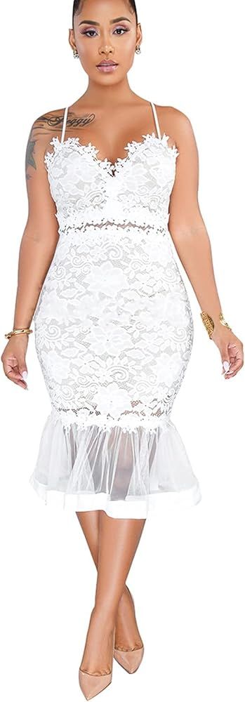 Salimdy Women Sexy Floral Lace Mesh Sheer Hollow Out Deep V Neck Spaghetti Strap Bodycon Pencil M... | Amazon (US)