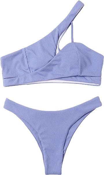 Milumia Women Sexy One Shoulder Bikini Swimsuit Ribbed Knit High Cut Bathing Suit | Amazon (US)