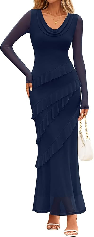 MEROKEETY Women's Fall 2025 Bodycon Maxi Dress Cowl Neck Long Sleeve Mesh Ruffle Wedding Guest Co... | Amazon (US)