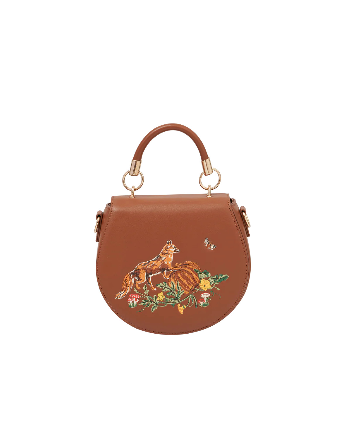 Fox & Pumpkin Embroidered Tan Saddle Bag | Fable England
