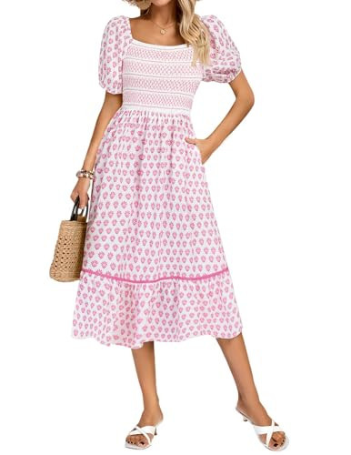 Women's Summer Floral Boho Dresses Casual Square Neck Smocked Flowy Tiered Beach Midi Dress with Pockets(Pink Geometric, M) | Amazon (US)