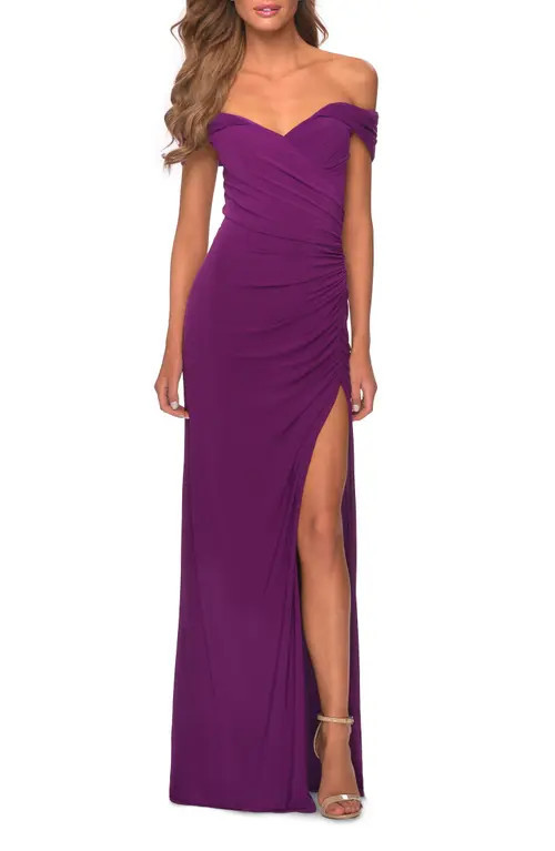 La Femme Off the Shoulder Fully Ruched Floor Length Gown in Purple at Nordstrom, Size 00 | Nordstrom