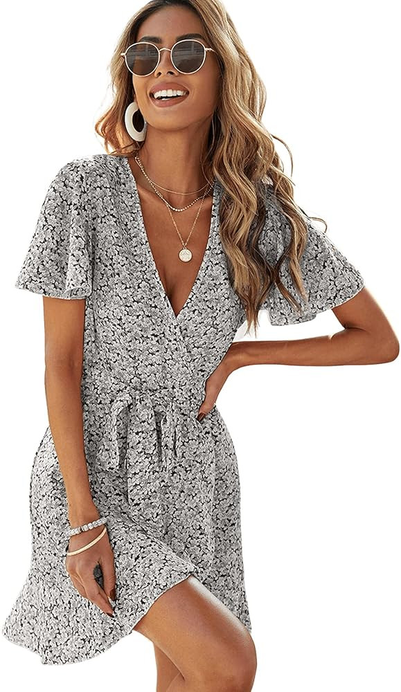 SheIn Women's Floral Tie Front Ruffle Mini Dress V Neck Short Sleeve A Line Flare Dresses | Amazon (US)