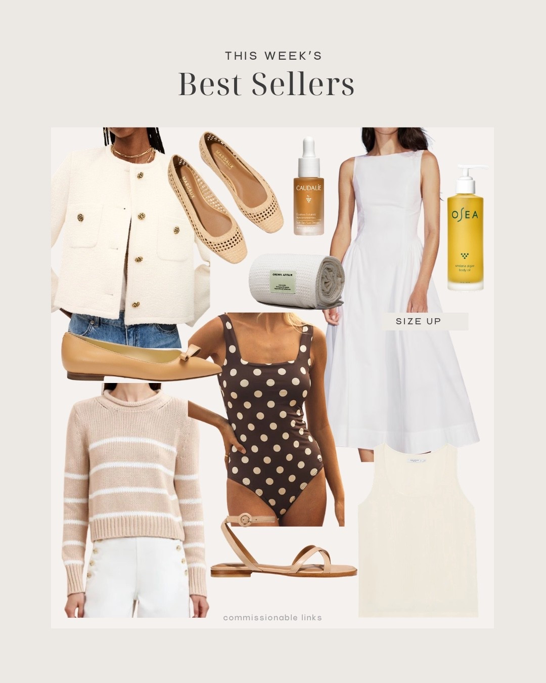 This week’s bestsellers!
Striped sweater
Midi dress from Aritzia 
Raffia flats
Ankle wrap sandals
Silk tank
Self tanning drops
Ballet flats
Polka dot swimsuit
Hair towel
Body oil 

#LTKSeasonal
