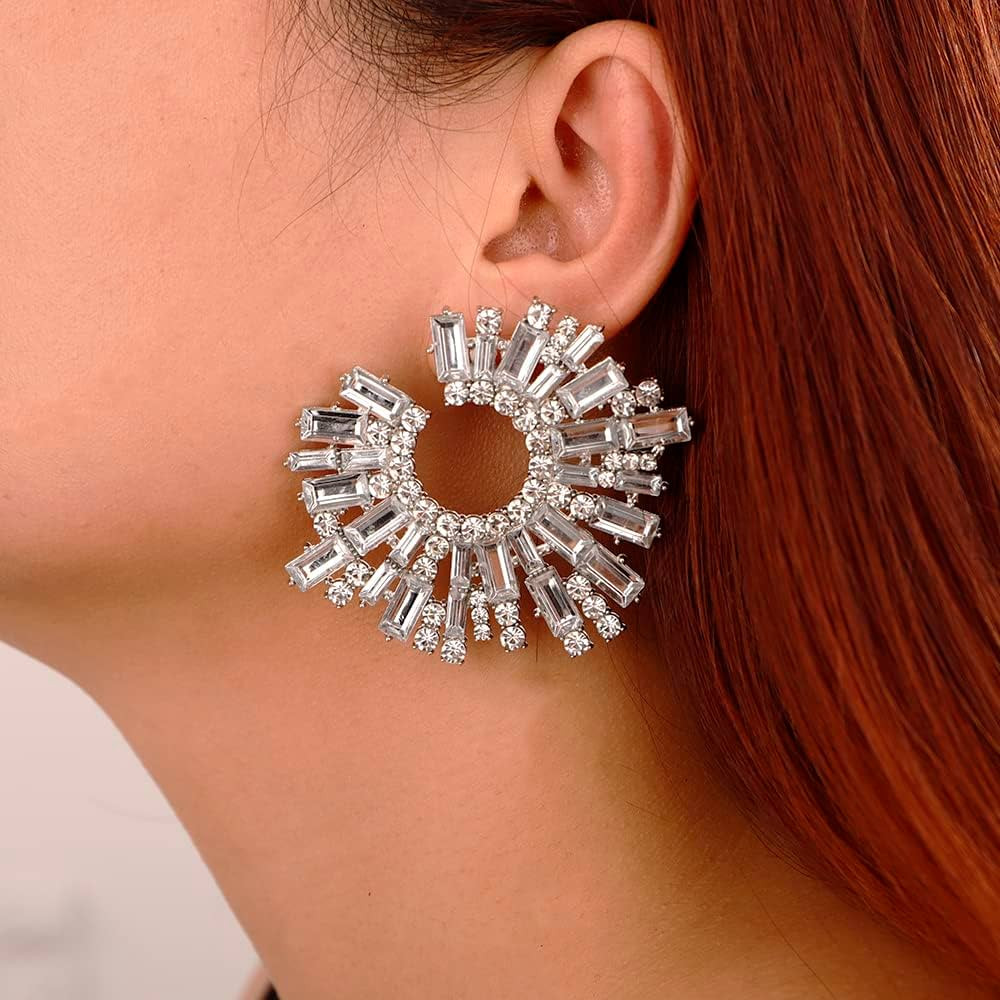 Wiwpar Fashion Crystal Big Statement Off-White Earrings for Women Sparkly Round Shape Earrings Bo... | Amazon (US)