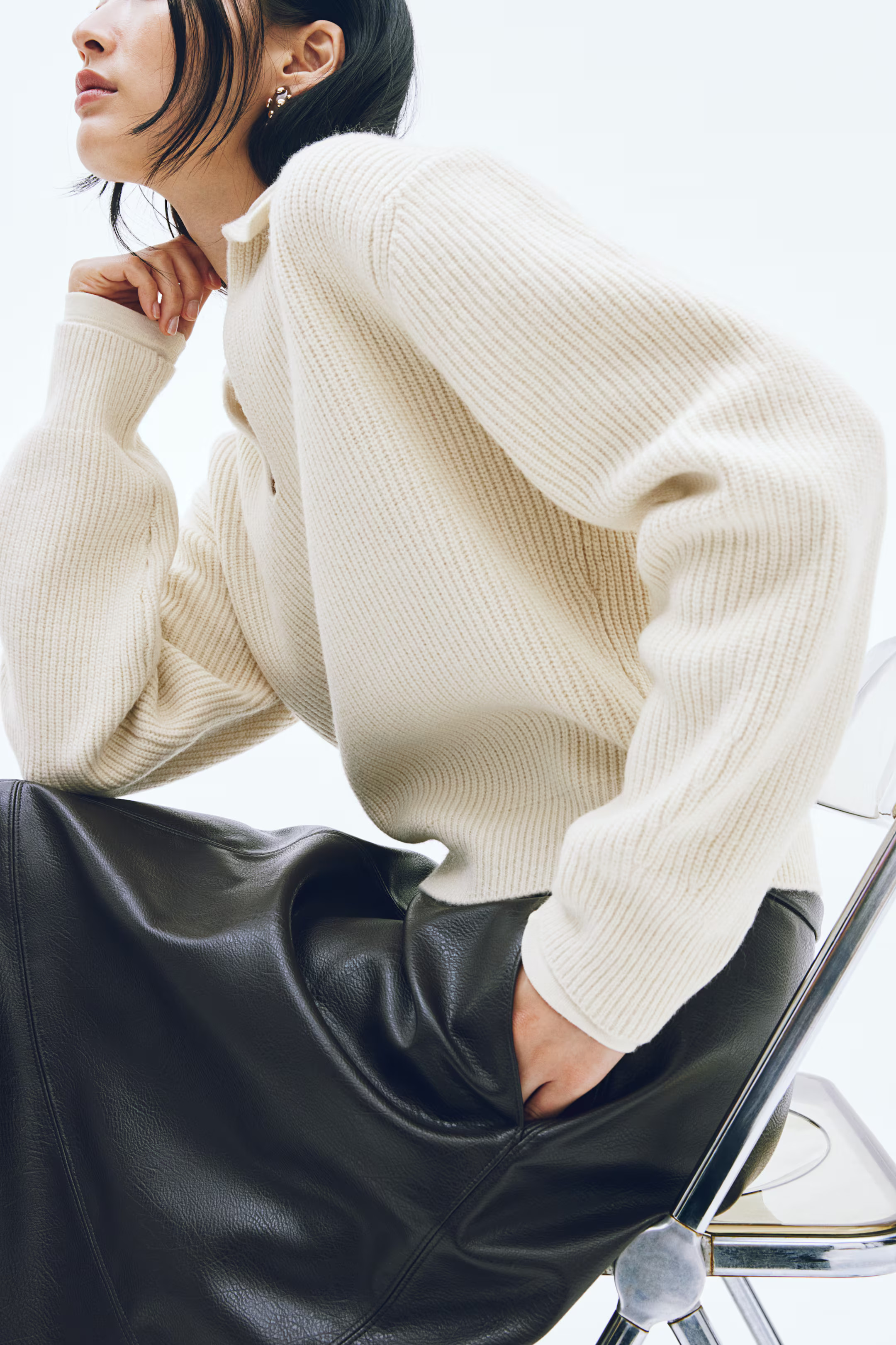 Rib-Knit Sweater with Collar - Cream - Ladies | H&M US | H&M (US + CA)