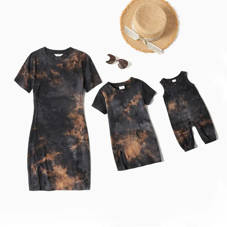 Tie-dye Dark Grey Skinny Mini Dresses for Mommy and Me(Loose Baby Rompers) | PatPat