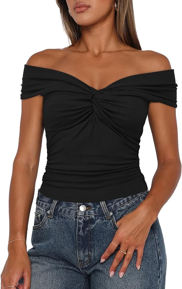 Darong Women Summer Twist Knot Front Off The Shoulder Tank Tops Cap Sleeve Going Out Shirts Slim ... | Amazon (US)