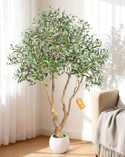 6 FT Faux Olive Tree, Look Real Fake Olive Tree with 4 Natural Thick Trunks & Weighted Pot, Olive... | Amazon (US)