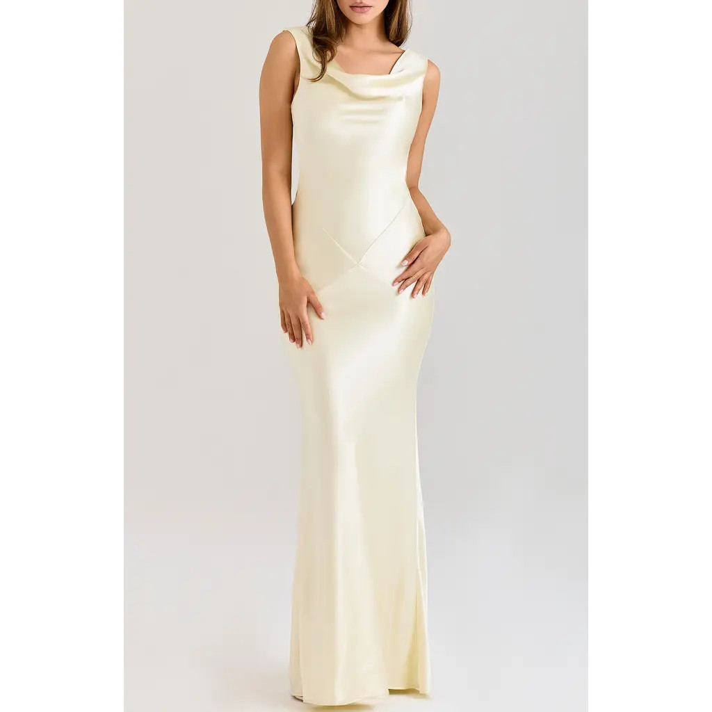 HOUSE OF CB Safaira Cowl Neck Satin Gown in Lemon at Nordstrom, Size Medium | Nordstrom