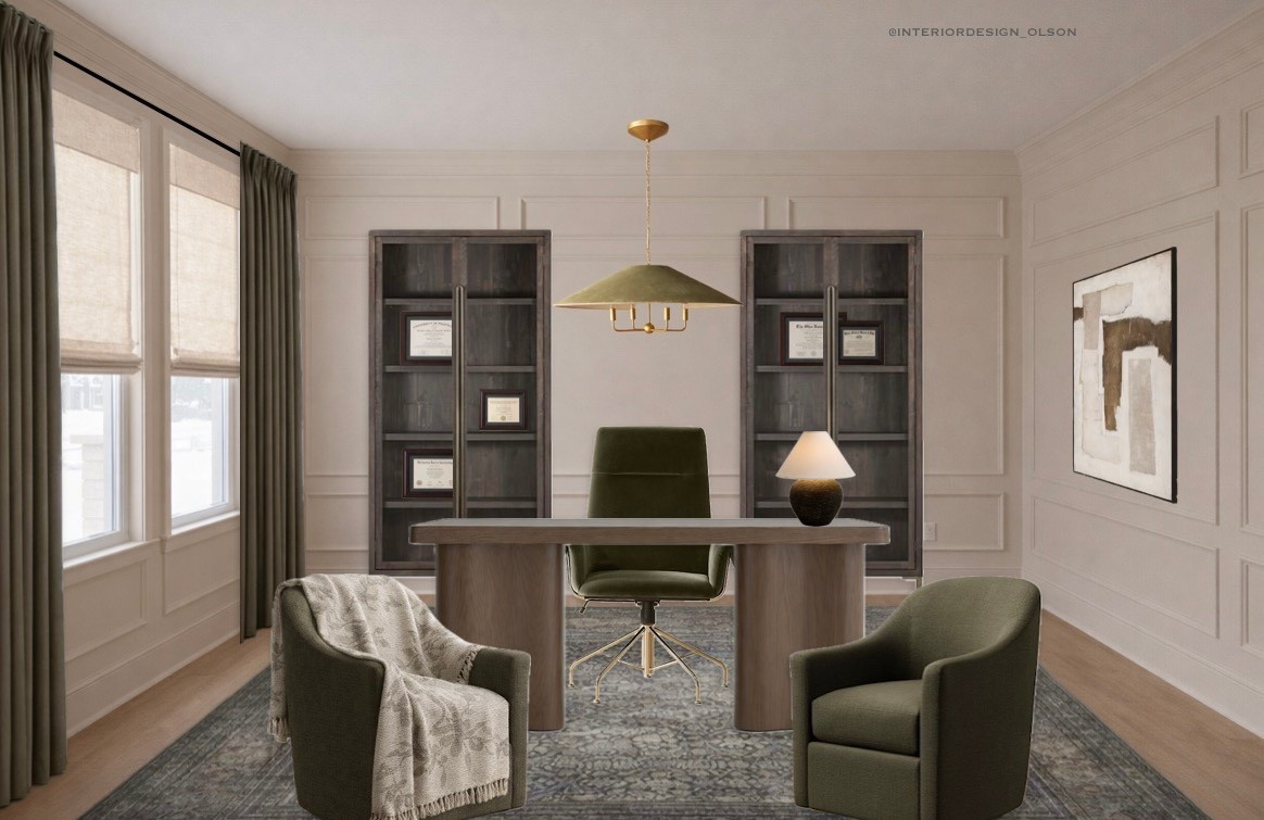 Traditional Moody Office with Velvet Green & Brass

A moody, tailored home office design that feels timeless and sophisticated 🤍

This office blends deep green velvet seating, brass accents, and dark cabinetry for a refined, elevated look. The layered textures and warm neutrals keep it feeling approachable while still making a bold statement. Designed for both style and productivity, this layout offers beautiful storage and intentional design details throughout.

Perfect if you love a classic, moody home office with rich character.

#MoodyOffice #HomeOfficeDecor #VelvetGreen #OfficeDesign #InteriorDesigner #HouseOfOlson

